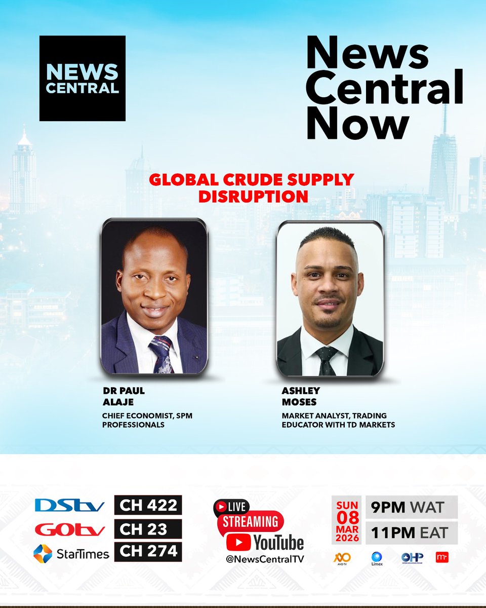 NewsCentralTV's tweet photo. As global crude supply faces disruption, what should markets expect next?

Join us on NEWS CENTRAL NOW as @PaulAlaje and Ashley Moses to discuss the potential impact on prices, trade and the global economy.

⏰: 9 PM WAT 
📺: DStv 422, GOtv 23, YouTube: https://t.co/TzUPg2OvL5 https://t.co/o1HHJZD8I2