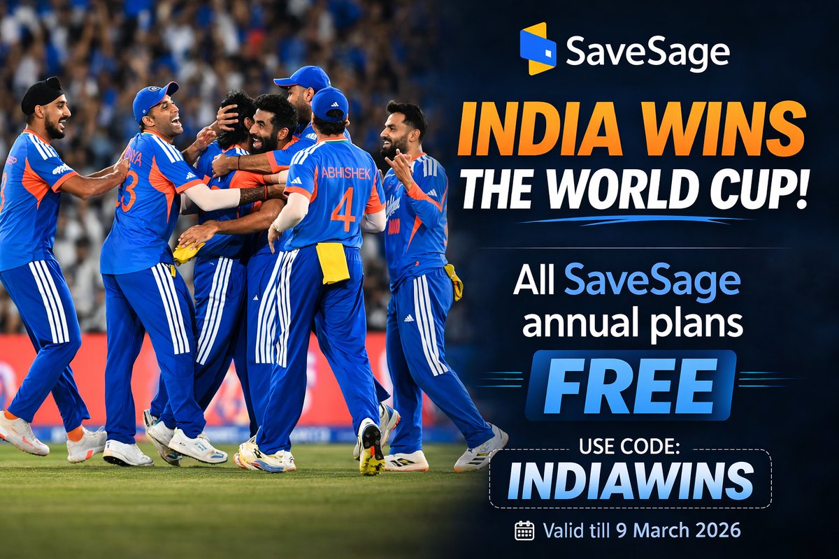 ashishlath's tweet photo. INDIA ARE WORLD CHAMPIONS, So get @savesage_club FREE! 

What a night.
What a team.
What a moment for every Indian!

We can’t control our happiness right now.

So to celebrate this historic win, we’re doing something crazy at SaveSage. 

100% CASHBACK on all SaveSage Annual Plans!

Yes, you read that right.
For the next 24 hours, your SaveSage membership is practically FREE. 

Offer Details:
• 100% cashback on all SaveSage Annual Plans (excluding GST)
• Valid on new subscriptions, upgrades & renewals
• Use code: INDIAWINS
• Valid till 11:59 PM, 9 March 2026 

Cashback Terms:
• Cashback will be credited to your SaveSage Wallet
• Can be used to pay credit card & utility bills
• Up to 5% of a bill can be paid using SaveSage Cash
• Valid for 31 days
• Entire SaveSage Cash can be used in a single or across multiple bill payments

If you’ve been sitting on the sidelines thinking about getting a SaveSage membership… this is the moment.

Because honestly… We’ve never had a better offer.
And we will never have a better offer than this.

Celebrate India’s victory the smart way. 
Use code: INDIAWINS

Get your SaveSage membership practically FREE.

Let’s go India!