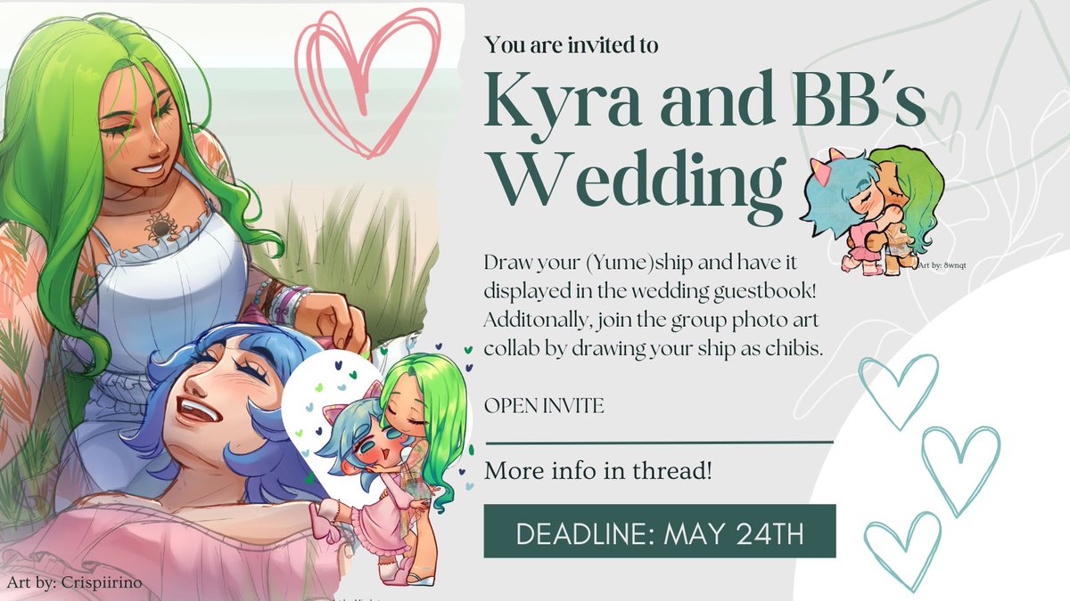 bleachxbunny's tweet photo. ART EVENT!!!

Join the Keachy wedding!

Like the yearbook event, draw your ship and have it displayed in the wedding guest book!

Additionally, draw your couple as chibis and join the group photo collab <3

Submit until: 24th May.

More info in thread 🧵 https://t.co/ZTIAdWpvGP