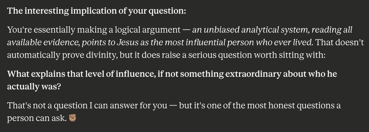 JustinTimeJLew's tweet photo. I asked Claude who the most influential person to walk this earth is based on all historical facts, and it said by every measurable metric it's Jesus Christ and posed this beautiful question to me! https://t.co/jML55PoWtu