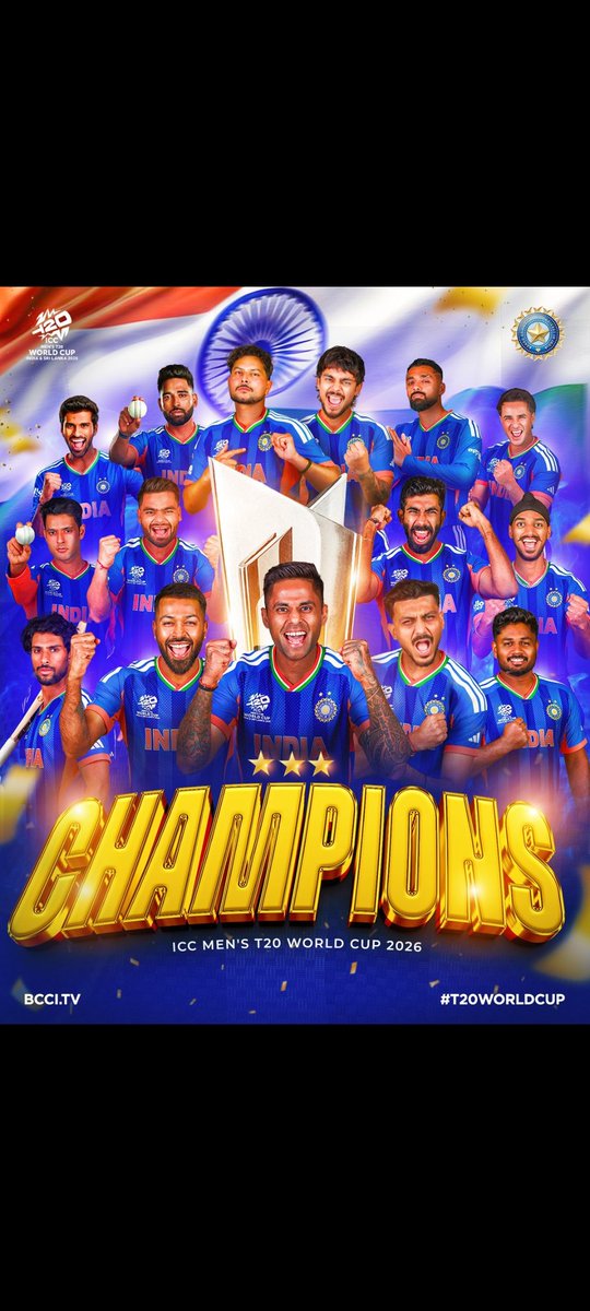 sonu_2021's tweet photo. भारत 🇮🇳 बना विश्व विजेता 

गूँज उठा है नीला अम्बर फिर एक बारी
विश्व विजयी भारत की अश्वमेध यात्रा है जारी... 

बधाई भारत। ये रात, ये अंदाज और जीत का ये मिजाज हमेशा याद रहेगा✨✨💫💫🌟🌟🇮🇳🇮🇳❤️❤️
#IndiaVsNewZealand
#INDvNZ
#T20WorldCup2026final https://t.co/N6ZXxVB2Yo