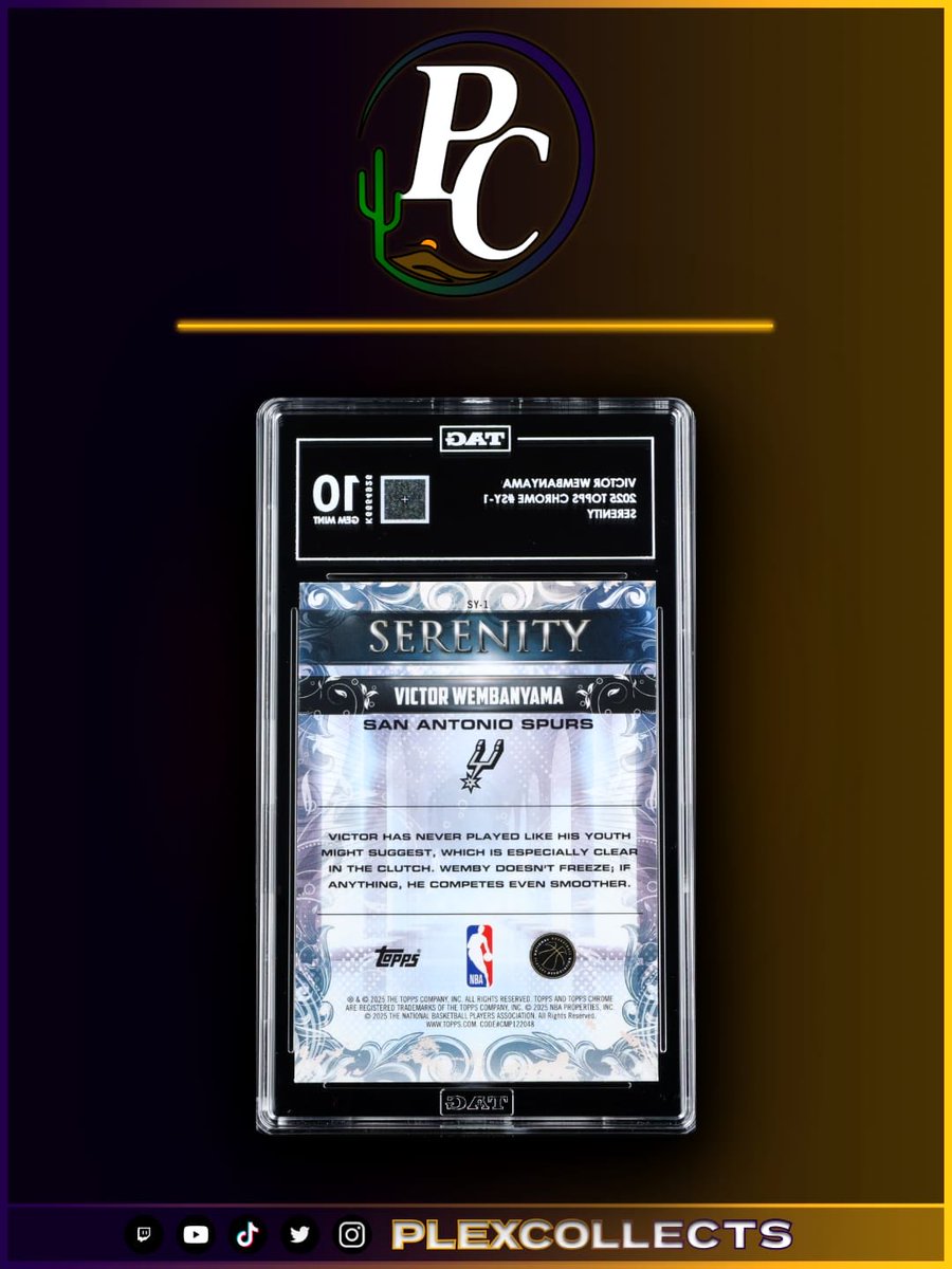 PlexCollects's tweet image. 🚨 Back from TAG ✅🔥

2025-26 Topps Chrome Wemby “SERENITY” came back from TAG… a TAG GEM MINT 10.

Full grade reveal is live on YouTube ➡️ is.gd/N8EtjR 👀

#Wembanyama #ToppsChrome #TAGGrading #TheHobby #BasketballCards