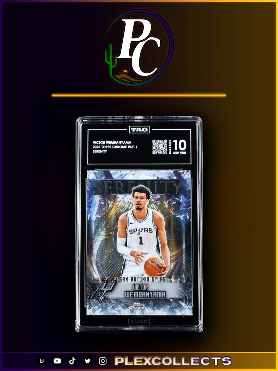 PlexCollects's tweet image. 🚨 Back from TAG ✅🔥

2025-26 Topps Chrome Wemby “SERENITY” came back from TAG… a TAG GEM MINT 10.

Full grade reveal is live on YouTube ➡️ is.gd/N8EtjR 👀

#Wembanyama #ToppsChrome #TAGGrading #TheHobby #BasketballCards