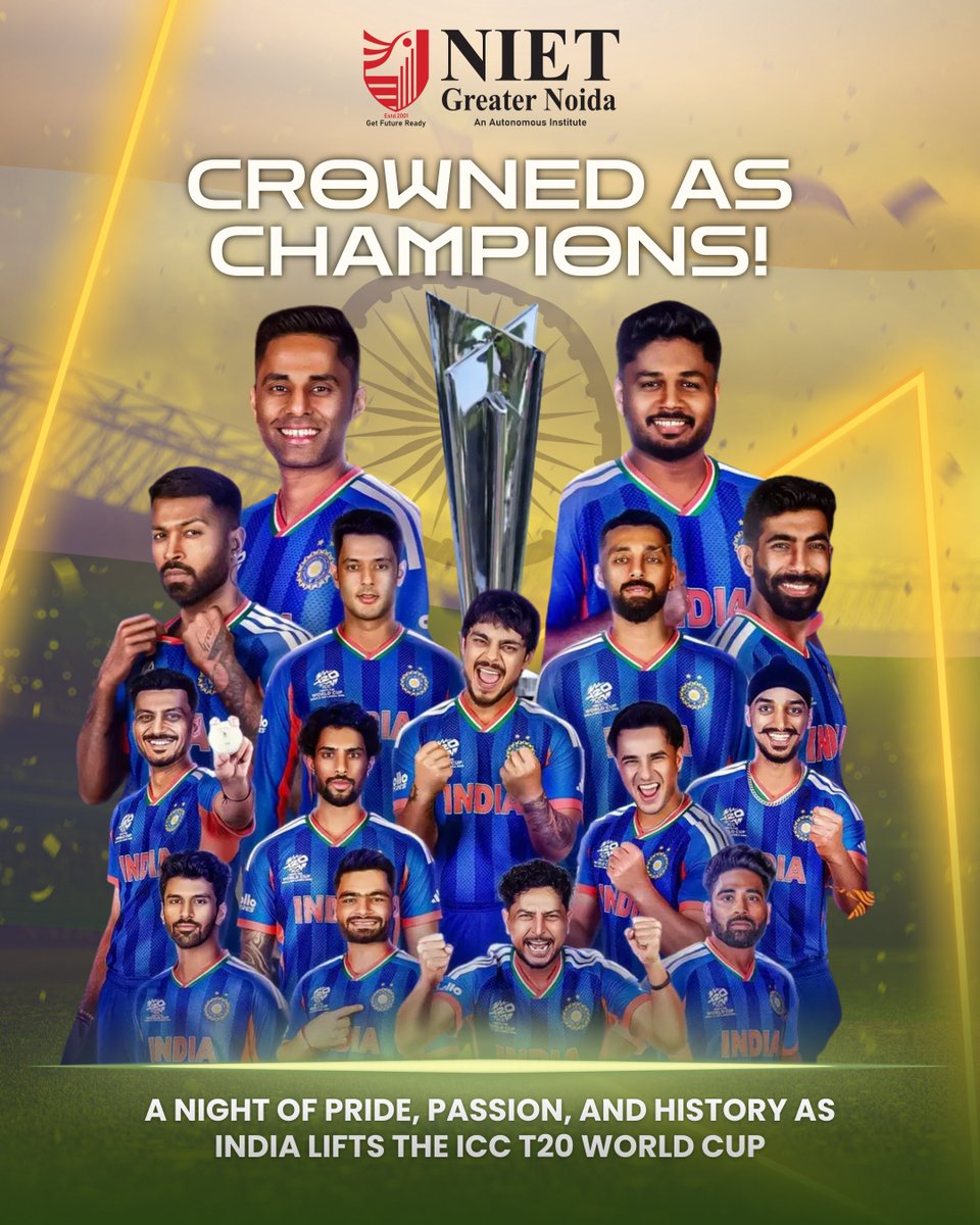 niet_grnoida's tweet photo. India rises to glory! 🇮🇳🏆
A historic moment as the Men in Blue lift the ICC T20 World Cup, uniting millions in pride, passion, and celebration.
Congratulations to Team India - our champions!
#TeamIndia #Champions #T20WorldCup #IndiaWins #ProudMoment #CricketVictory #ICCT20 #NIET https://t.co/ZWFo8kmFqB