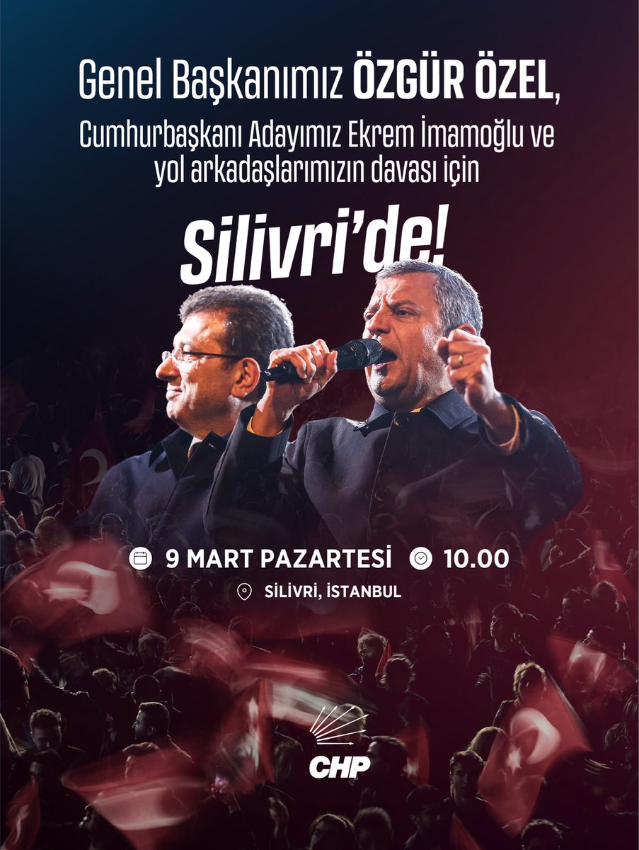 Genel Başkanımız Sayın Özgür Özel, yarın Cumhurbaşkanı adayımız Ekrem İmamoğlu ve yol arkadaşlarımıza yönelik kumpas davası için Silivri’de olacak.

🗓 9 Mart Pazartesi
⏰ 10.00
📍 Silivri / İstanbul