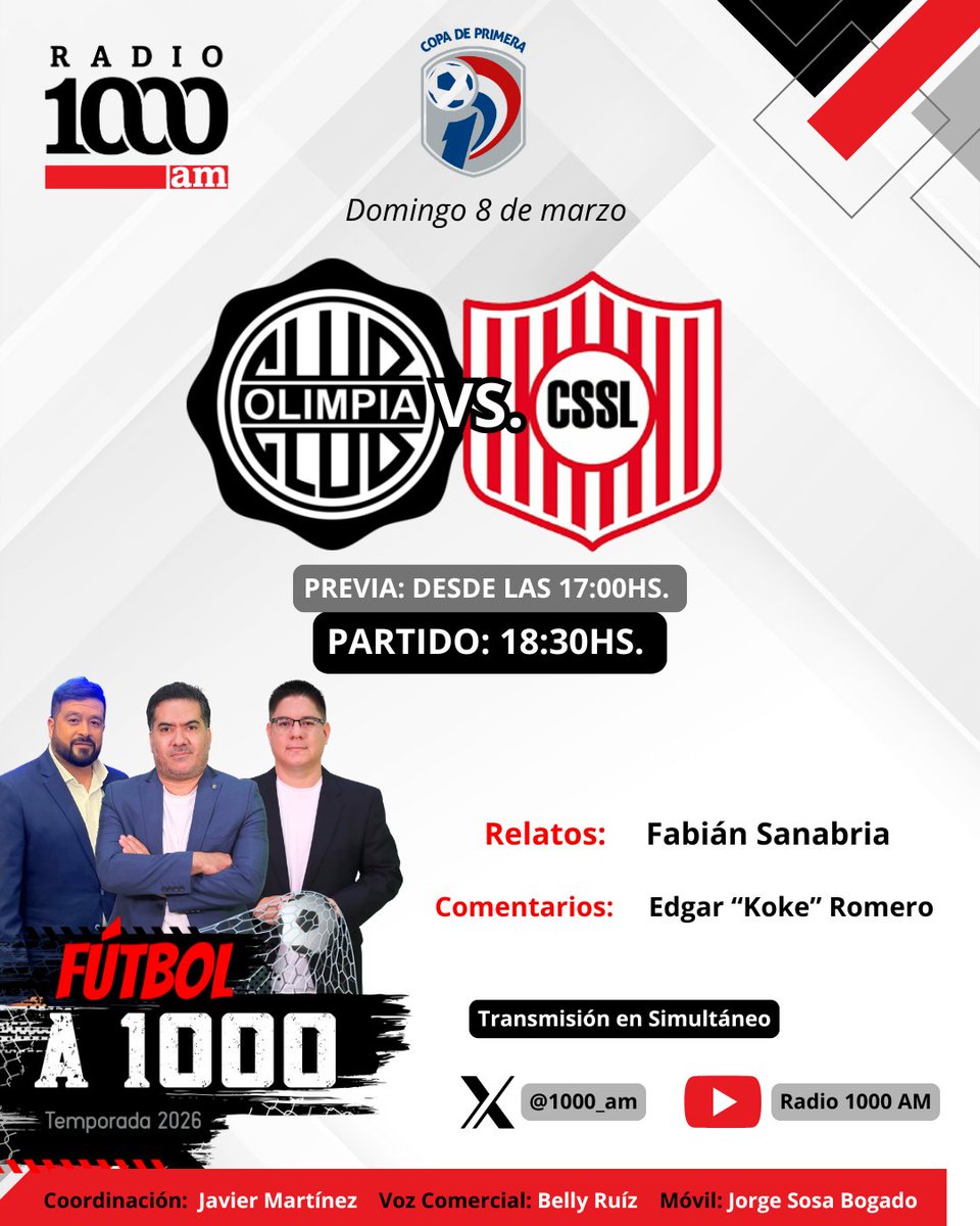 1000_am's tweet photo. ⚽🔥 EN EL DEFENSORES, EL PUNTERO RECIBE HOY AL COLERO 

#Olimpia se consolida partido a partido, es el que ve a todos de arriba del campeonato...Pero ojo: #SanLorenzo, aunque está en una situación delicada, le va a jugar como si liderase las posiciones

🎙️Lindo partido para sentirlo y te lo contarán @FSanabria87 y @E_R27 a partir de las 18:30 por #FútbolA1000 

🎙️ Móvil Jorge Sosa Bogado 

🎙️ Coordinación Belly Ruiz y @jotaemartinez

#1000am #1000Noticias