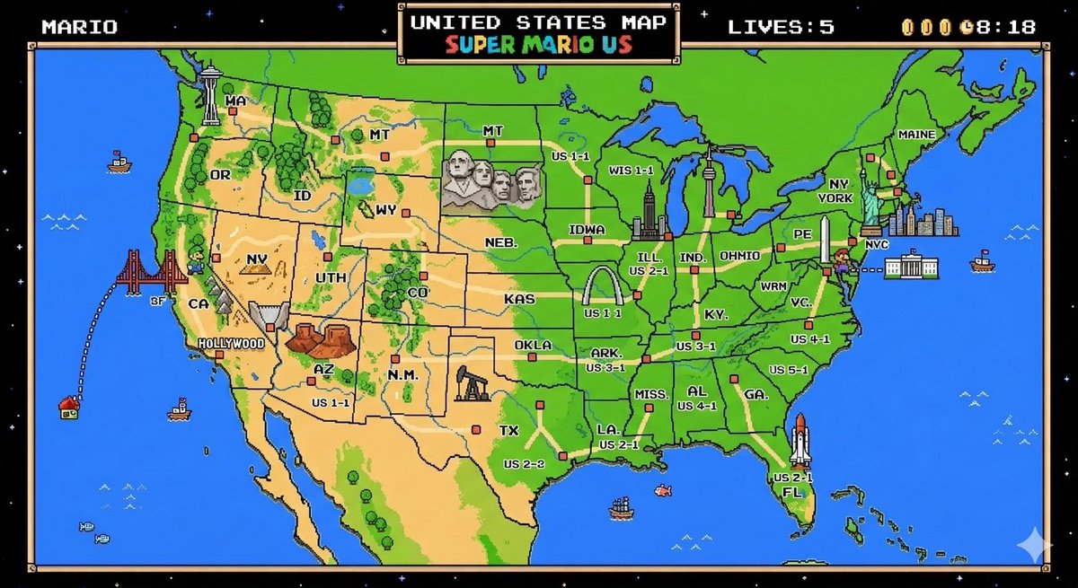 United States map in the style of Mario world!! #NanoBanana2 doing work!!