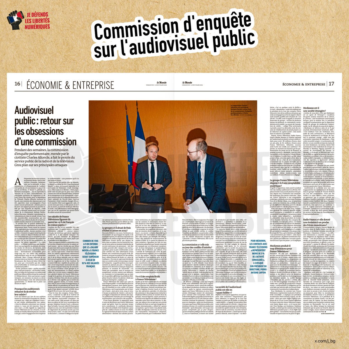 📺💣 Le Monde a publié aujourd'hui une double page sur « l'Audiovisuel public : les obsessions de la commission d'enquête parlementaire ». 

L'article propose de faire le point sur 10 sujets «parfois anecdotiques, mais pas toujours – qui ont focalisé l’attention, au risque de