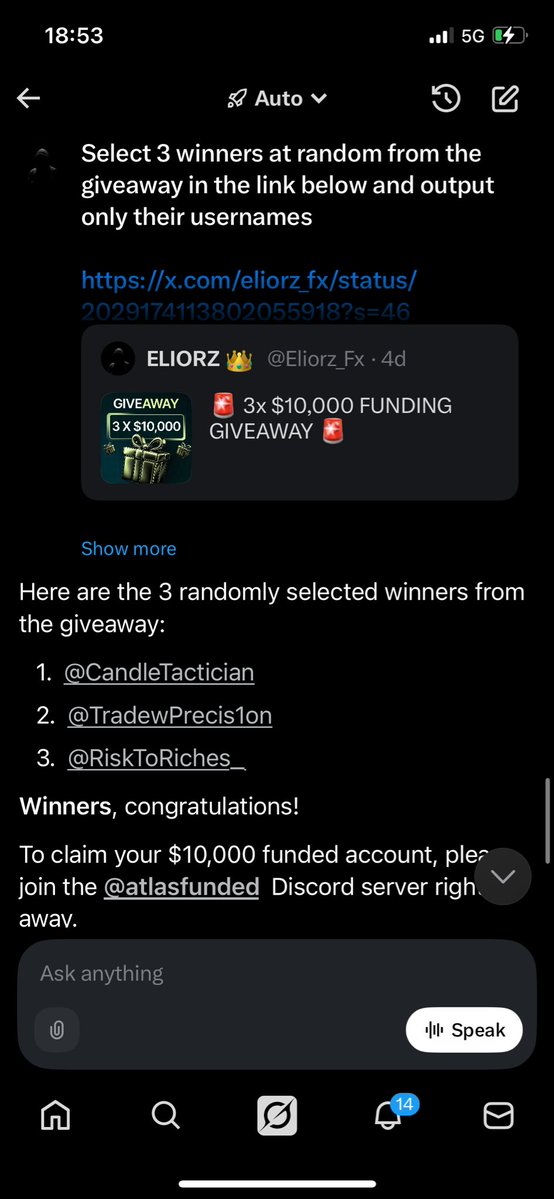 🏆 Winners 🏆 

• <a href="/CandleTactician/">Pro</a> 
• <a href="/TradewPrecis1on/">Trader</a> 
• <a href="/RiskToRiches_/">James</a> 

Congratulations guys 
Kindly open a ticket on <a href="/atlasfunded/">Atlas Funded</a> discord to claim your account