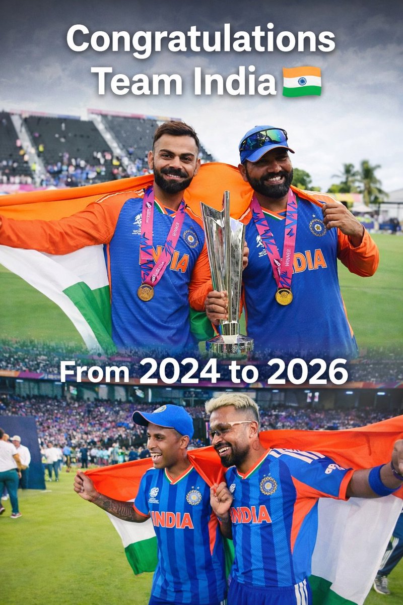 WIN_eet's tweet photo. @ICC From 2024 to 2026, Team India keeps making the nation proud.

Congratulating the Men in Blue on this incredible achievement.

Congratulations Team India! 🇮🇳 https://t.co/dmIrjeopdF