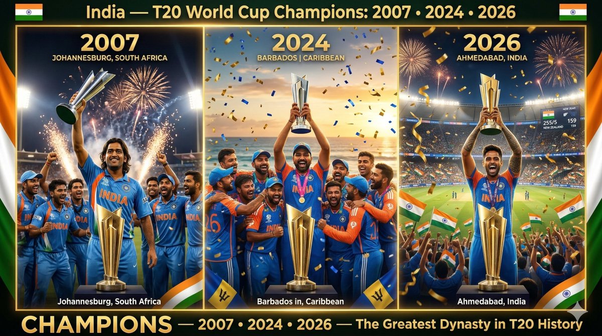 ampratyay's tweet photo. 🇮🇳🏆🏆🏆 INDIA ARE NOW THREE-TIME T20 WORLD CHAMPIONS!
2007 🏆 MS Dhoni  
2024 🏆 Rohit Sharma  
2026 🏆 Suryakumar Yadav.

IND 255/5 beat NZ 159 by 96 runs. 🔥
Greatest dynasty ever. 🏏

#T20WorldCup2026 #IndiaChampions #JaiHind https://t.co/chrFmWimaJ