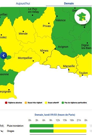 Prefet13's tweet photo. #METEO13 | #Vigilancejaune🟡#orages & #Pluie #inondations demain lundi 9 mars de 10h à minuit.
@Prefet13 appelle à la prudence. Une attention particulière est requise et si vous pratiquez des activités sensibles à ce risque météorologique.  Suivez l'évolution de la situation météo ici : https://t.co/NFfvQWoU3V