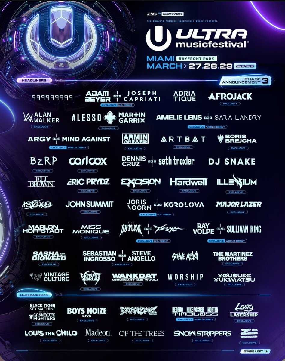 EDMtree_'s tweet photo. Miami vuelve a convertirse en el epicentro de la electrónica. 🌎🔥

💥 @ultra está cada vez más cerca y promete tres días de escenarios monumentales y sets de otro nivel. 🚀

Del 27 al 29 de marzo vibraremos alto, ¿listos? 👀 https://t.co/wu2LlPYXz3