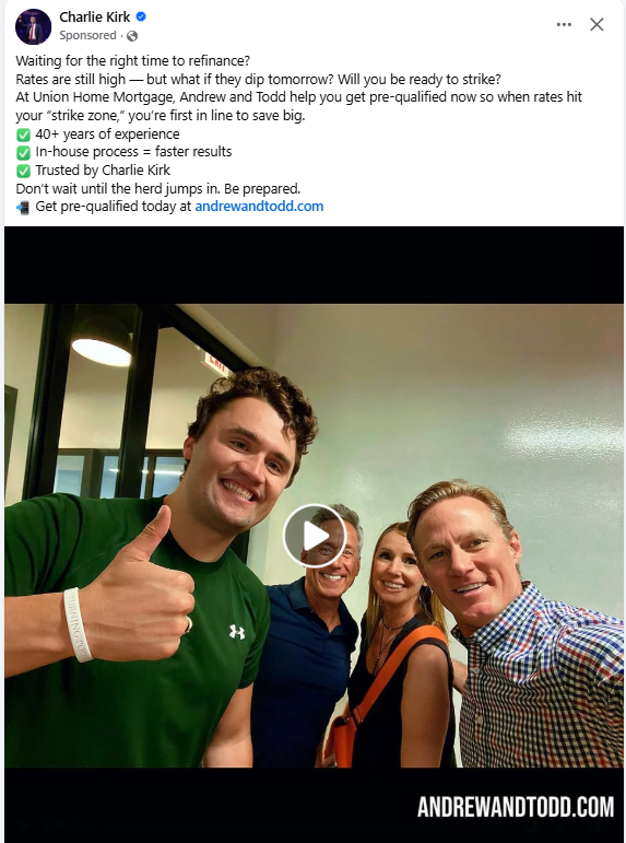 BiPartisanThink's tweet photo. idk guys... seems like @MrsErikaKirk is using her late husband's facebook account to sell home loans? wtf? What a cashgrab! https://t.co/zymclzojCJ
