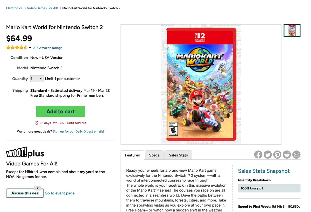 Nintendeal's tweet photo. Mario Kart World (Switch 2) physical release is 19% off on Woot! from Amazon: https://t.co/uyuML6PGAI $64.99 free shipping with Amazon Prime

USA version for those who care https://t.co/dHZGuOSMdZ