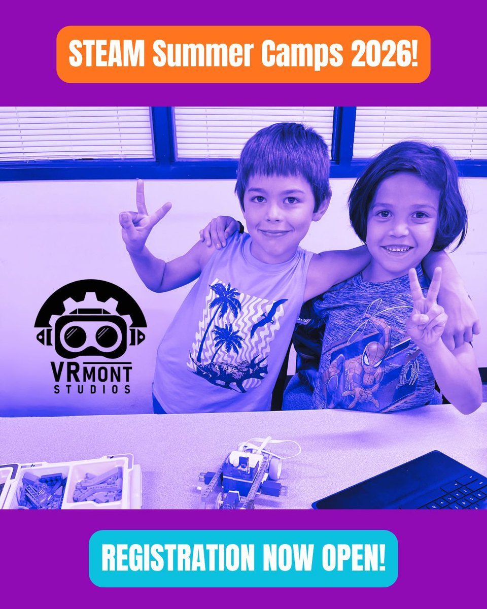 BRICvt's tweet image. 🚀 Registration is OPEN for VRmont Studios STEAM Summer Camps!

Robotics • drones • VR • coding • game design &amp;amp; more
For rising 1st–12th graders.

📅 July 6 – Aug 7
📍 Springfield + Randolph VT

👉 vrmontstudios.org/summer-camps

#STEAM #SummerCamp #Vermont