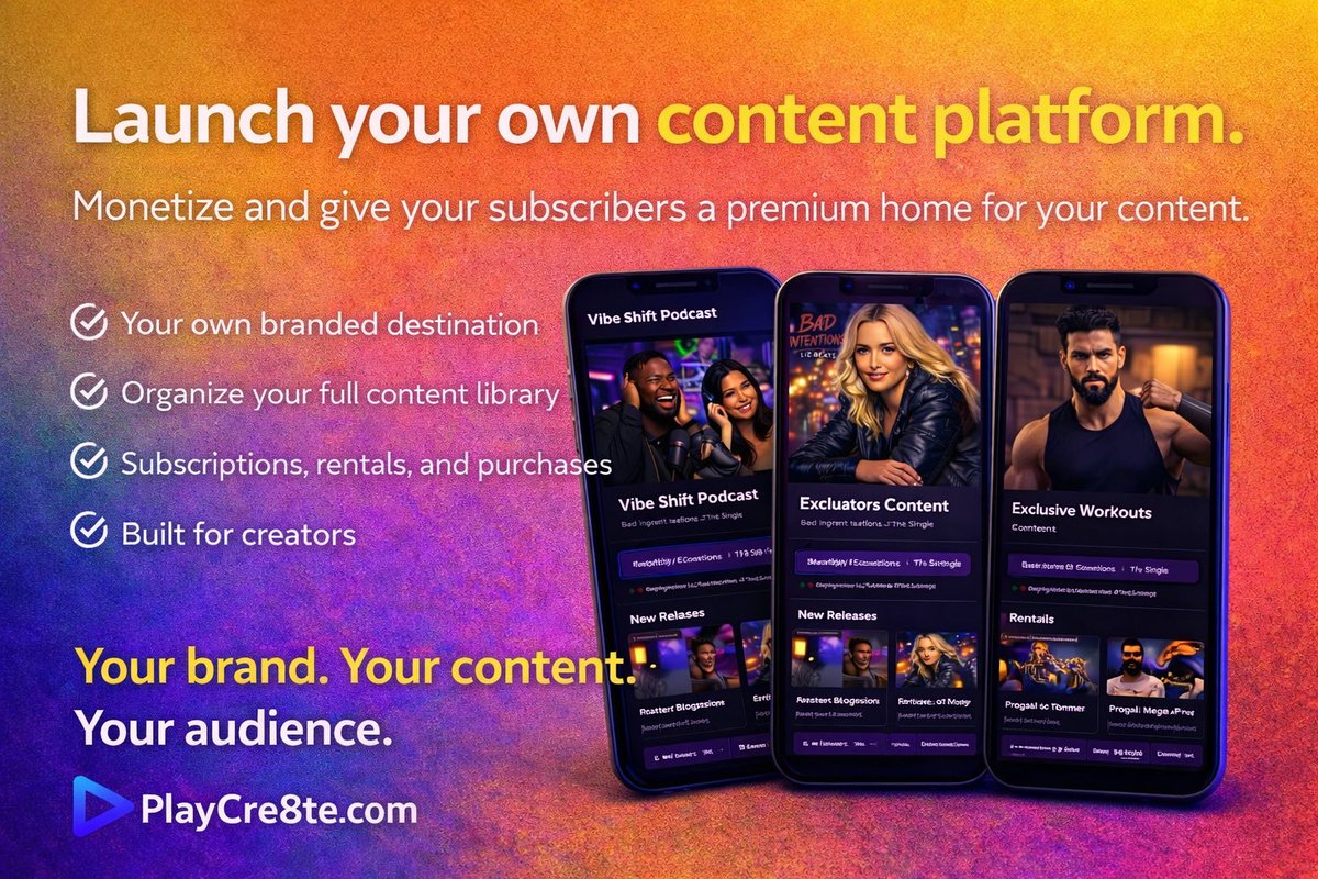 PlayCre8te's tweet photo. Creators can launch their own content platform with PlayCre8te.

Start your platform for free.
Monetize your content your way.

Subscriptions
Exclusive content
Content libraries
Series
Courses

https://t.co/obEJOV9qxR

#contentcreator #webseries #instructor #musicartist #podcast #fyp #filmmaker