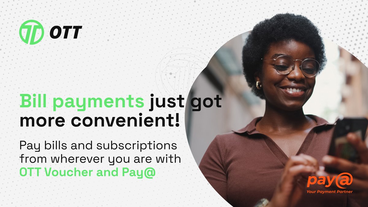 ottvoucherza's tweet photo. Stay on top of your bills with ease! Use your OTT Voucher on Pay At Services to pay anywhere, anytime. 🌐💳
 
Tell us in the comments which bills you’ve paid on PayAt with your OTT Voucher!
 
#OTT4Me #MoneyMyWay #PayAt https://t.co/ZqfhgCqtX4