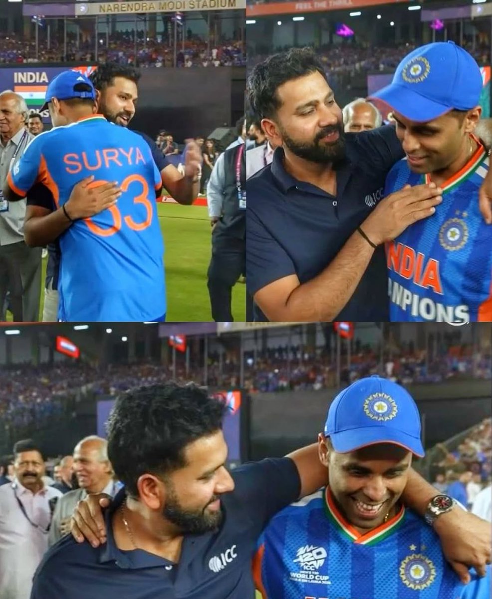rushiii_12's tweet photo. Rohit Sharma hugging and congratulating suryakumar Yadav after team India victory at Ahmedabad.🥹🫂

Rohit Sharma is super proud on suryakumar Yadav.🫂 https://t.co/ewwRYzFGTj