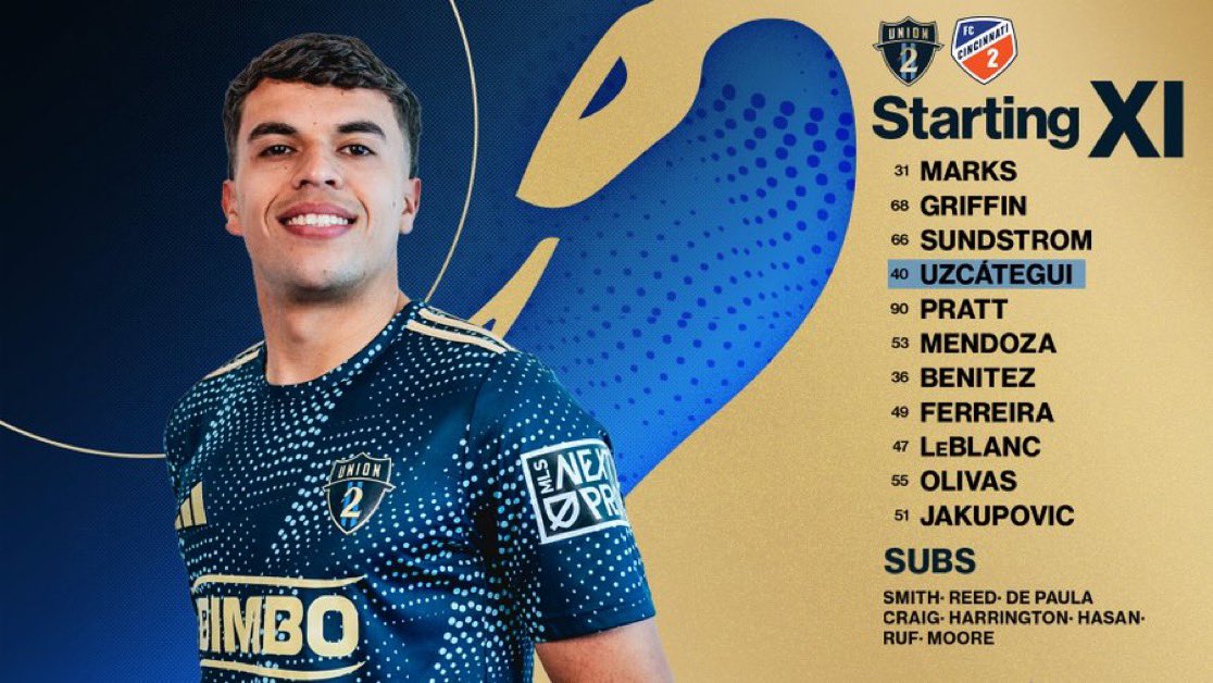 Silly__Jilly's tweet photo. Union II’s starting lineup against FC Cincinnati 2 is mostly the same as last weekend, except Sal Olivas starts at striker and Finn Sundstrom starts at center back. Also, Andrew Craig makes his first appearance in the lineup (on the bench)

#DOOP #MLSNextPro
📷: Philadelphia Union II