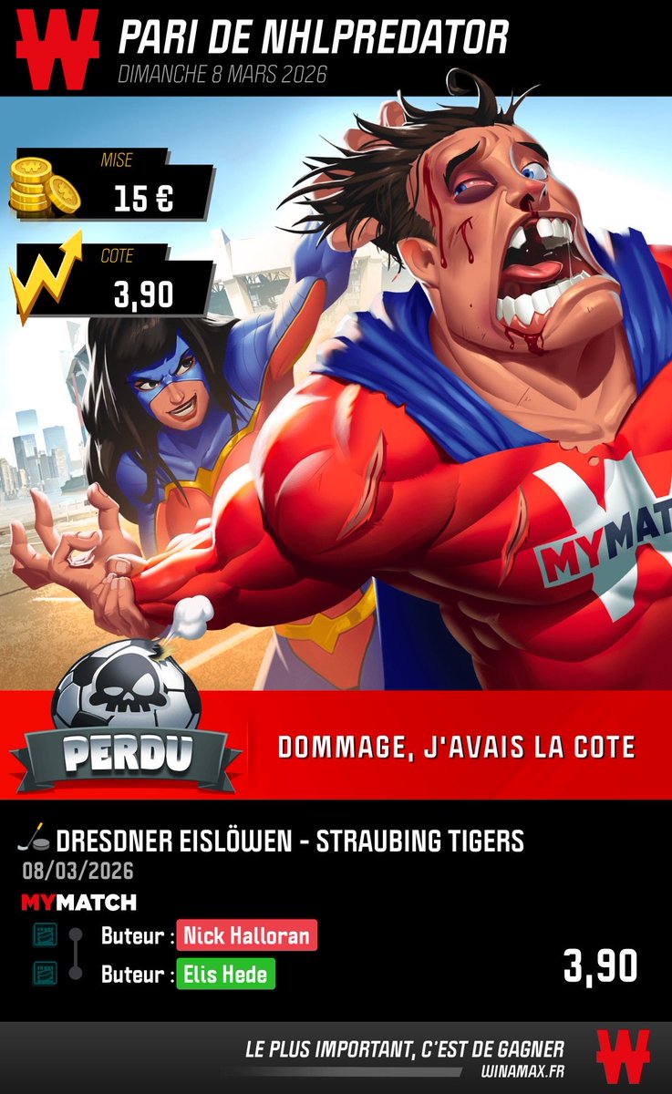 nhlpredatorr's tweet photo. @WinamaxSport bonjours possible de rectifier ce paris svp Halloran pour Straubing en DEL au hockey a marquer https://t.co/QecrTR3KSd