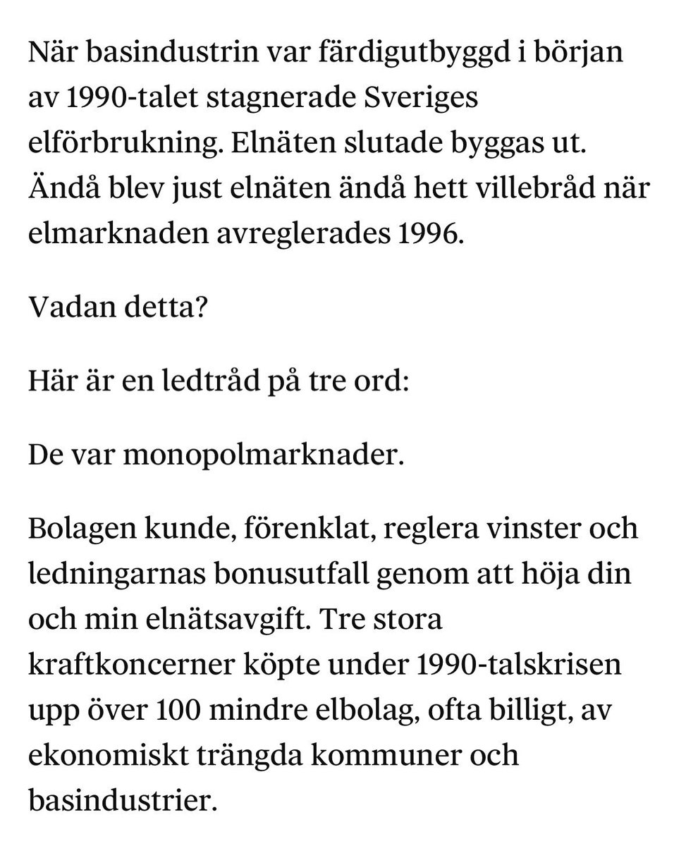 Tycker det finns skäl att läsa detta: ”Elnäten är monopolmarknader där tre stora koncerner tjänat mycket pengar som till stor del har gått till ägarna och inte nätutbyggnad. Och det tycks inte finnas något slut på det”…
Läs mer här…👇🏼
dn.se/ekonomi/jonas-…