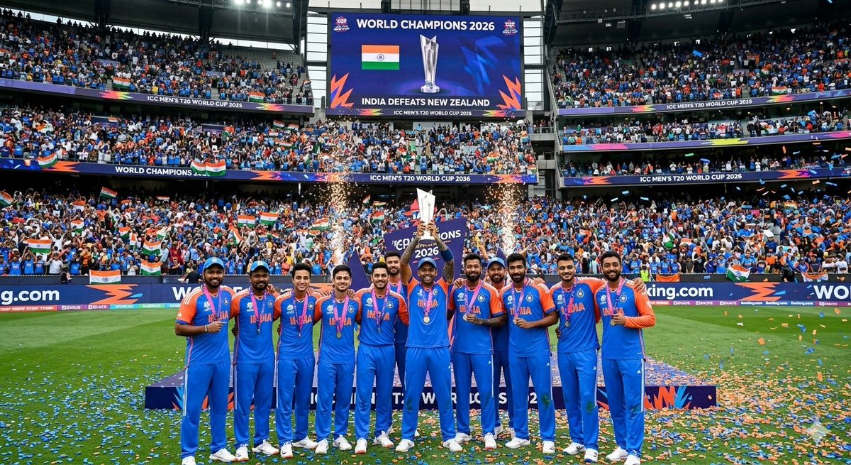 TheAvanis's tweet photo. 🏆 इतिहास रच दिया! 🇮🇳
भारत ने ICC Men’s T20 World Cup जीतकर दुनिया को फिर दिखा दिया कि क्रिकेट हमारे लिए सिर्फ खेल नहीं, जुनून है।
पूरे टूर्नामेंट में शानदार प्रदर्शन, कई नए रिकॉर्ड, और फाइनल में दमदार जीत -140 करोड़ भारतीयों का गर्व! ❤️
#T20WorldCup2026final #IndiaVsNewZealand https://t.co/TRAxNdP90U