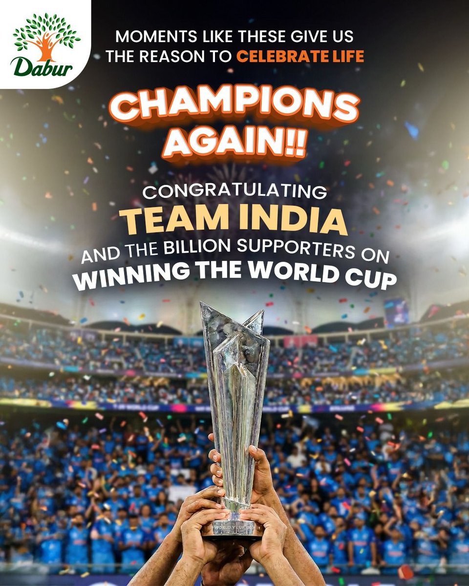 DaburIndia's tweet image. Moments like these bring a billion hearts together. 🇮🇳

Congratulations Team India on winning the T20 World Cup and making the nation proud.

Here’s to celebrating the spirit of champions.

#TeamIndia #WorldCupChampions #CelebrateLife #Dabur