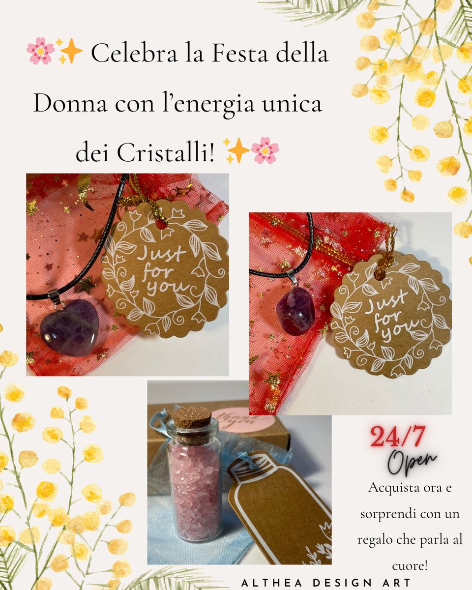 AltheaDesignArt's tweet photo. ✨ Celebra la Festa della Donna con cristalli e pietre. Regala o regalati un dono unico! 💎
Scopri qui 👉https://t.co/1wEhabIvUz
#FestaDellaDonna #Cristalli #PietreNaturali #RegaliPerLei #EnergiaPositiva #8Marzo #DonneForti #BenessereNaturale #RegaliSpeciali #EnergiaFemminile https://t.co/87AhPot9qF