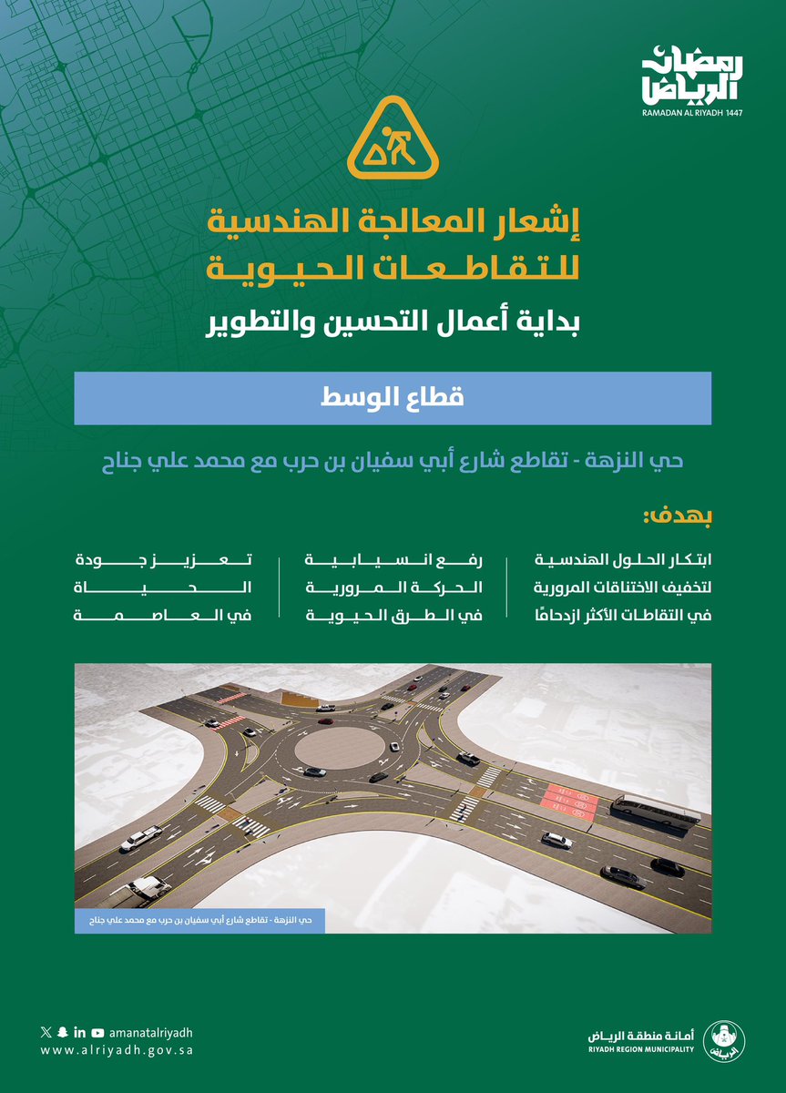 جهود مستمرة.. لرفع كفاءة الطرق 🌟

تبدأ فرقنا الميدانية ضمن نطاق
قطاع الأمانة - وسط الرياض أعمال المعالجة
الهندسية لتحسين تقاطع شارع أبي سفيان بن
حرب عند التقائه بشارع محمد علي جناح في
حي النزهة، لتحسين حركة المركبات ورفع
كفاءة الربط بين الطرق المحلية
والمحاور الرئيسية.