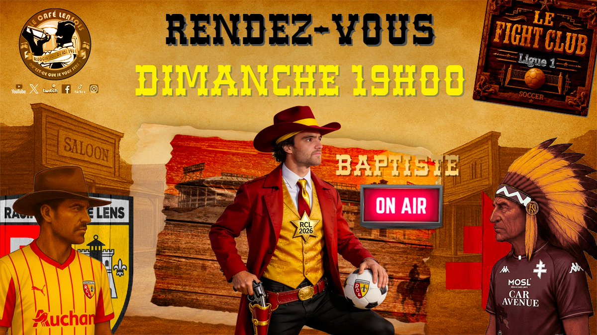 🤠🔴🟡 Le saloon du foot rouvre ses portes ce dimanche !

📅 Rendez-vous dimanche à 19h30 pour une nouvelle émission du Café Lensois – Fight Club Ligue 1 !

⚽ Au programme : retour à chaud sur le match RC Lens 🆚 FC Metz
Analyses, débats, coups de gueule et coups de cœur autour