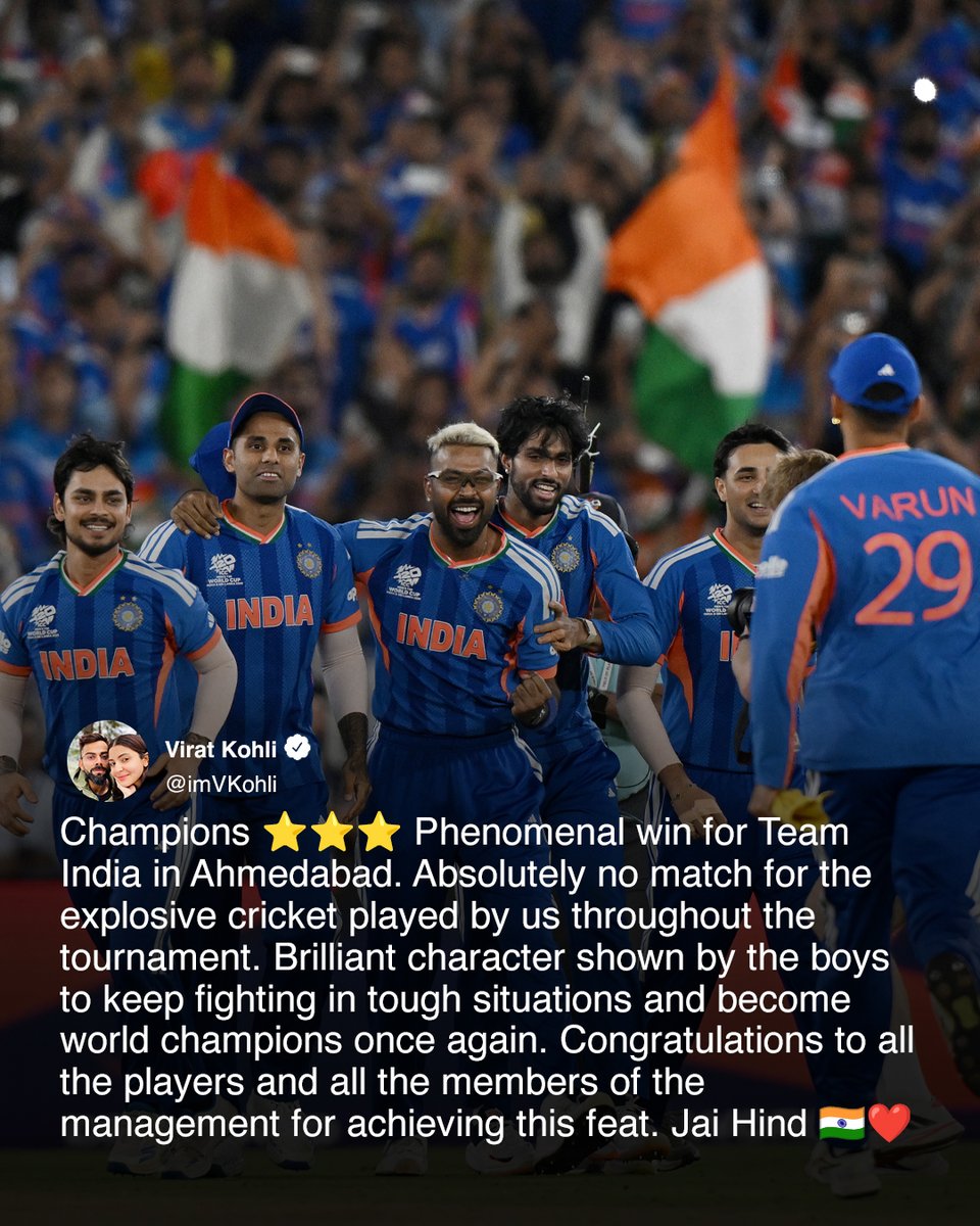 A special congratulatory message from Virat Kohli after India's famous #T20WorldCup victory 👌