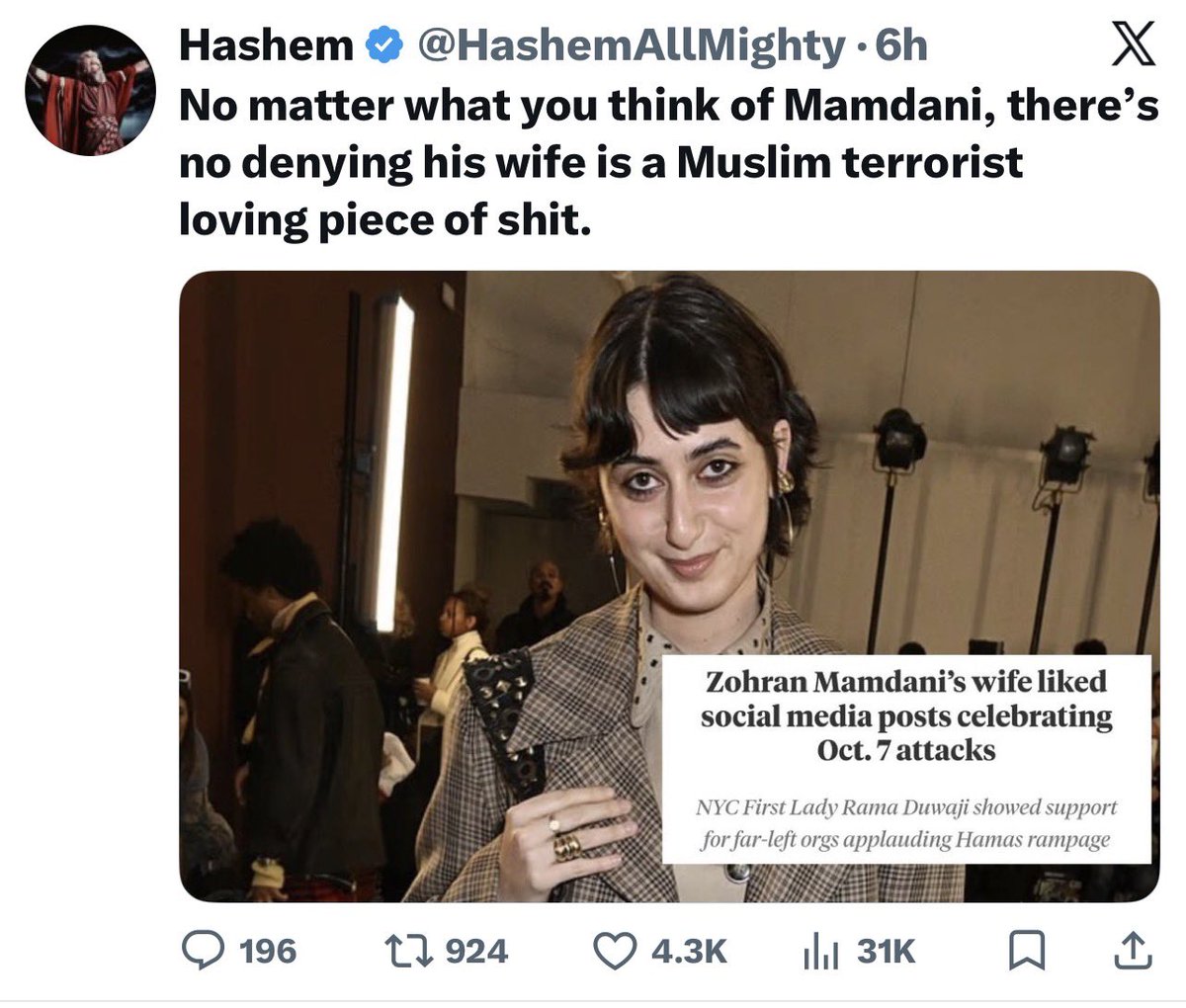 <a href="/NYCMayor/">Mayor Zohran Kwame Mamdani</a> Fuck you and fuck you terrorist loving jihadi wife <a href="/NYCMayor/">Mayor Zohran Kwame Mamdani</a> resign you disgusting piece of shit 😡