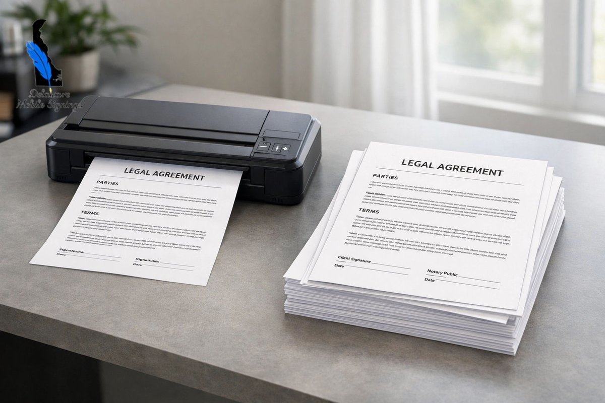DelawareMobile's tweet photo. No printer? No problem! 🖨️ Our new integrated Print Shop service means we print, deliver, and notarize your documents in one mobile visit to Dover. 24/7 convenience for your busiest days. #DoverDE #PrintShop #MobileOffice #Efficiency https://t.co/chOTfKUhuB
