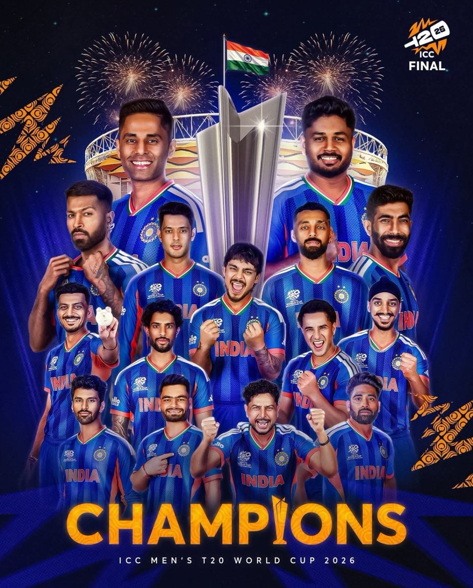 SBhattachyara's tweet photo. Sensational Sanju, Boom boom Bumrah, Audacious Abhishek, Incredible Ishan,Panache Pandya, Virtuoso Varun, Heroic Harshdeep, Dashing Dubey, Talismanic Tilak, Radiant Rinku ,Acrobatic Akshar &amp; Surya the sun ☀️ have created history , defeated history. 
I🇮🇳🇮🇳🇮🇳 T-20 WC🏆  Champions. https://t.co/ULiNPTo96M