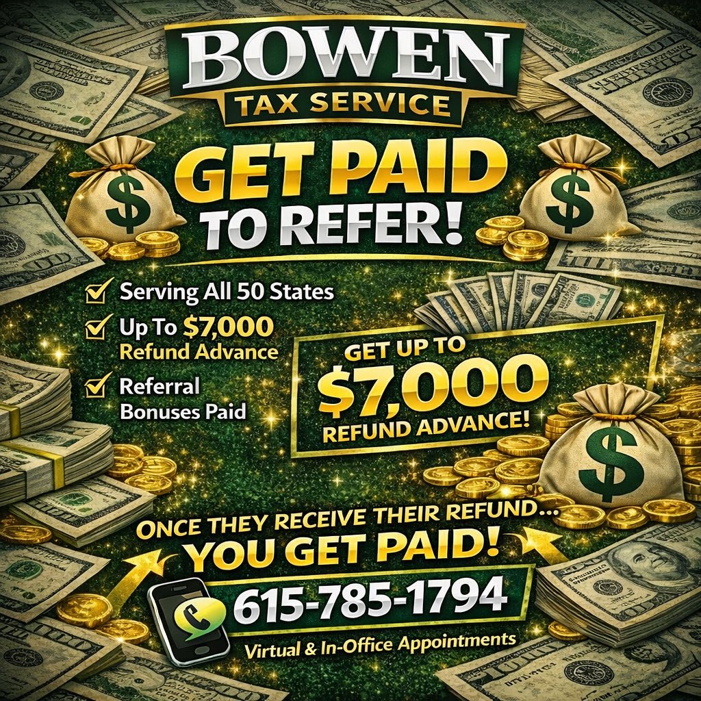 iamjasonbowen's tweet photo. 🚨 LET’S MAKE SOME MONEY TOGETHER! 🚨

Bowen Tax Service is PAYING referral bonuses this tax season! 💰

If you send someone to file their taxes with us and they complete their return…

👉 Once they receive their refund… YOU GET PAID!

That means you can literally make money just by sending friends, family, coworkers, or anyone who needs to file their taxes.

✅ Serving All 50 States
✅ Up to $7,000 Refund Advance
✅ Virtual & In-Office Appointments Available

📲 Send them my number:
615-785-1794

Tag someone below who still needs to file their taxes! 👇💰