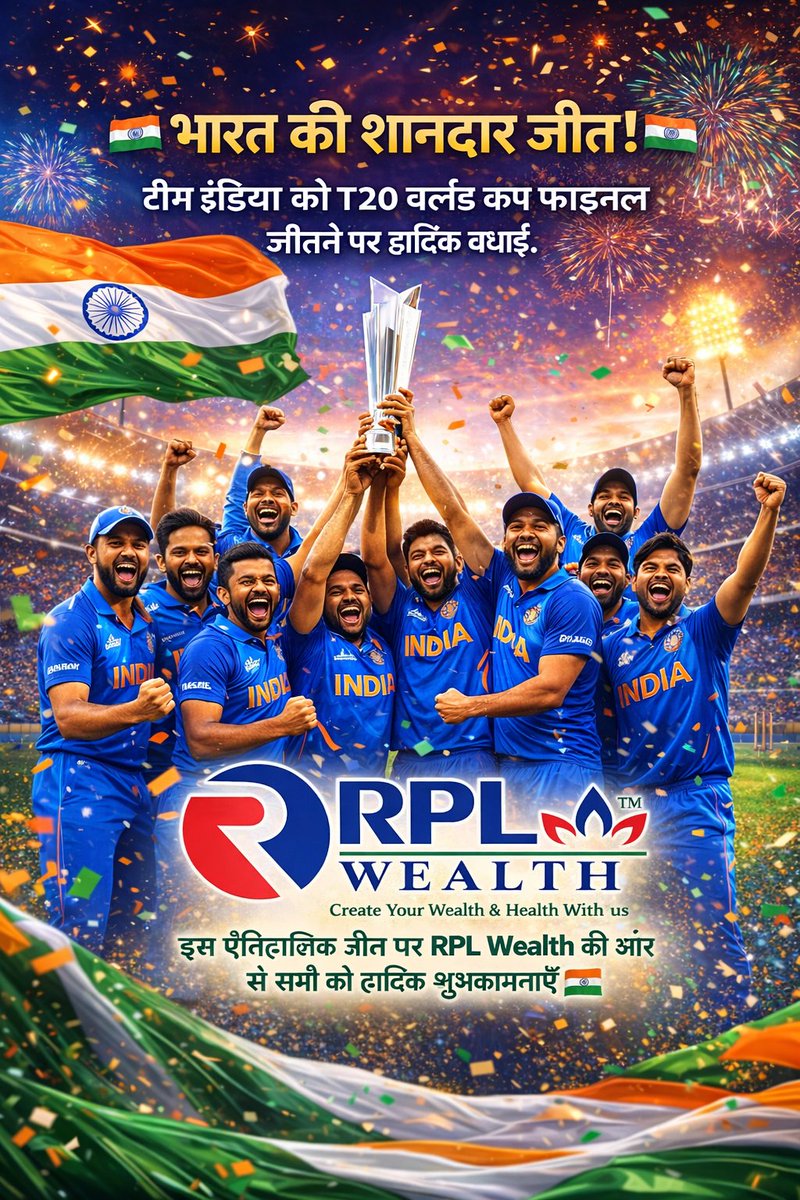rplwealth's tweet photo. 🇮🇳 भारत की शानदार जीत! 🇮🇳
टीम इंडिया को T20 वर्ल्ड कप फाइनल जीतने पर हार्दिक बधाई।
इस ऐतिहासिक जीत पर RPL Wealth की ओर से सभी को हार्दिक शुभकामनाएं।

टीम इंडिया को T20 वर्ल्ड कप जीत की हार्दिक बधाई।

– RPL Wealth India Pvt. Ltd. 
#rplwealth #sip #mutualfunds #IndianCricketTeam https://t.co/KeUOk0ulZ8