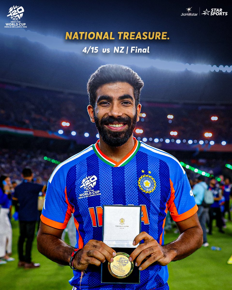 StarSportsIndia's tweet photo. 2024 👉 Player of the tournament 🏅
2026 👉 Player of the match, Final 🏅

#JaspritBumrah has joined the elite list! 💙

#T20WorldCup #INDvNZ https://t.co/nRhcaW1iMZ