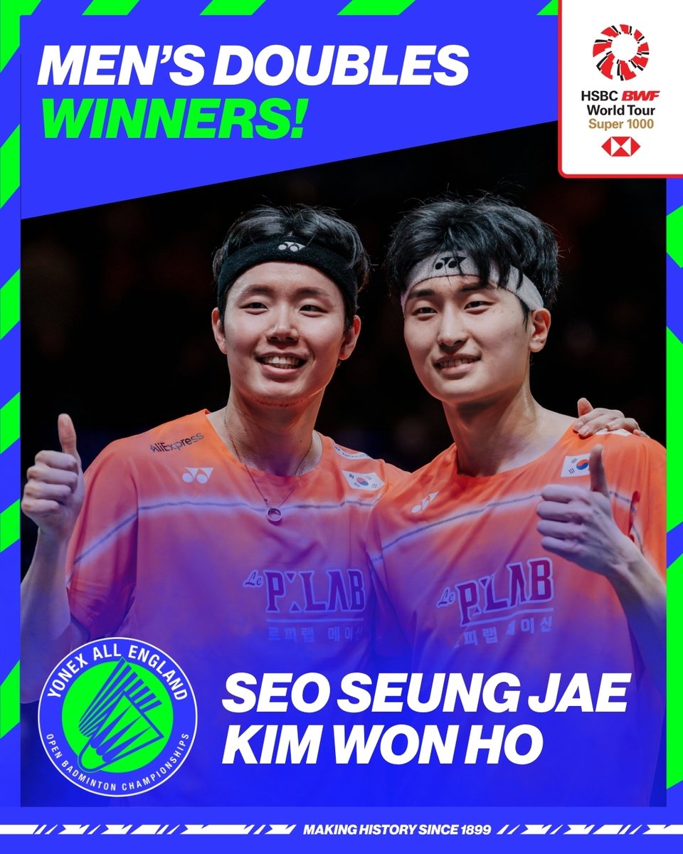 YonexAllEngland's tweet photo. KIM WON HO &amp; SEO SEUNG JAE win the YONEX All England for the 2nd year running! 🏆

They are unstoppable. 🤩

#YAE26 #Yonexallengland https://t.co/OQcFfEkrTh