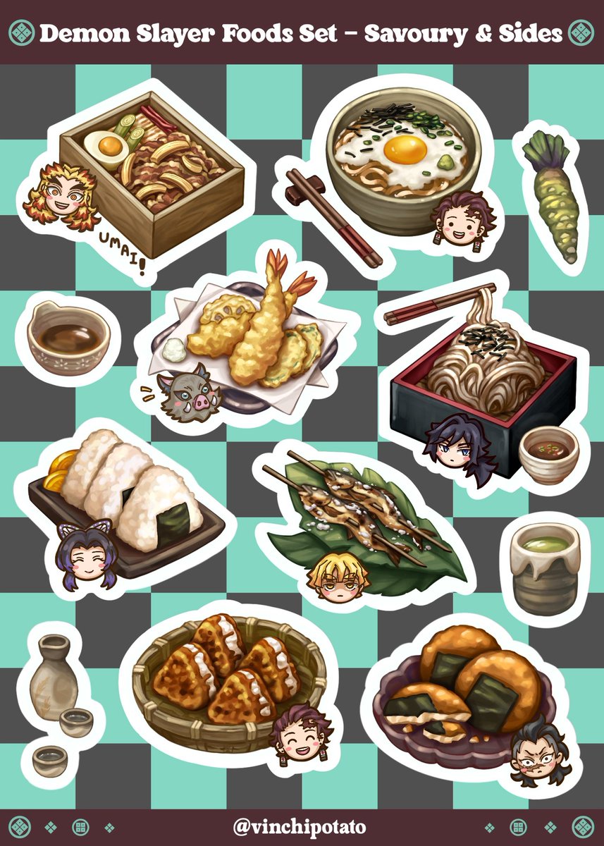 My 2nd set of Demon Slayer food stickers is complete! 👏

Spent hours studying Vanillaware’s food art and learned a lot.

#鬼滅の刃