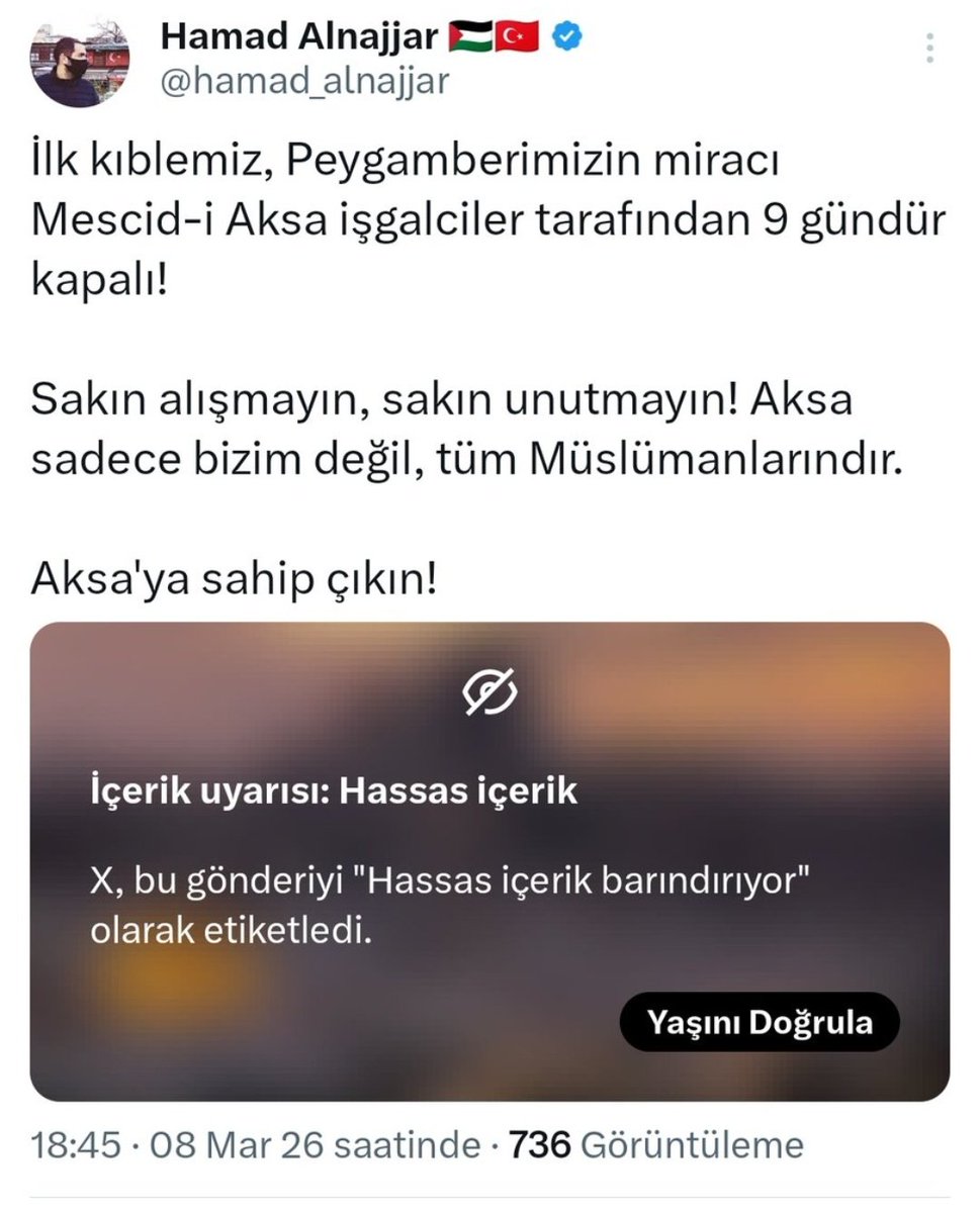 DOSTLAR, hesabıma erişim engeli geldi! 

Desteğinize ihtiyacım var. Bu tweetin altına bir nokta dahi olsa yorum bırakın.

Şimdiden teşekkürler! 

🇵🇸🇹🇷❤️