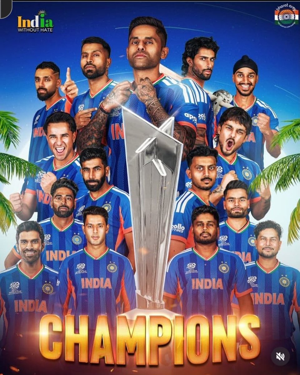 SurajRoy7808's tweet photo. Champions! 
Congratulations to the Indian team on winning the ICC Men’s T20 World Cup! 
This remarkable triumph reflects exceptional skills, determination and teamwork.
This victory has filled every Indian heart with pride and joy. Well done, Team India! https://t.co/4Kkqux2oCW