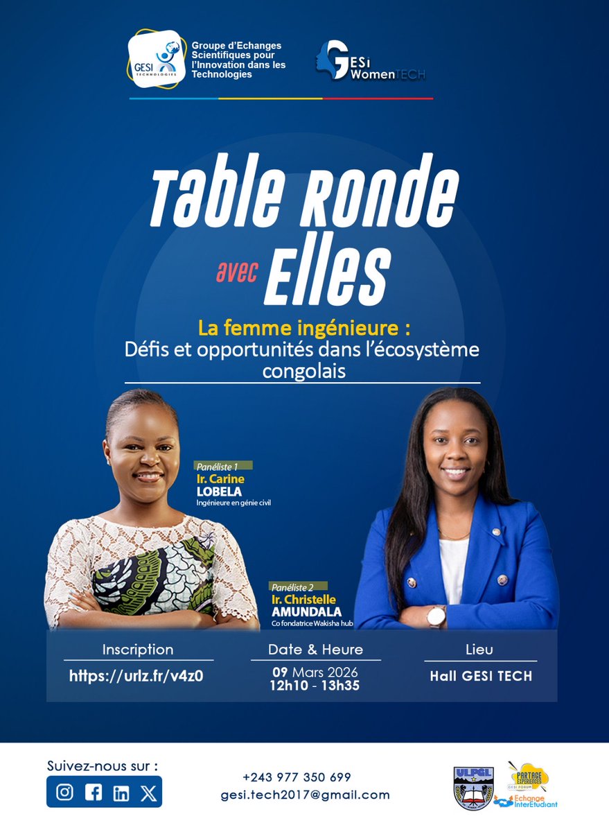 g_tech2014's tweet photo. 🎉 Bonne Journée des Droits des Femmes !

Passons à l’action. 💪
Table ronde GESI WOMEN TECH sur les femmes dans l’ingénierie au Congo.

🕛 12h10
📍 Hall GESI TECH

🎟️ https://t.co/Cr20la667D
#8Mars https://t.co/owkMx2JFpc