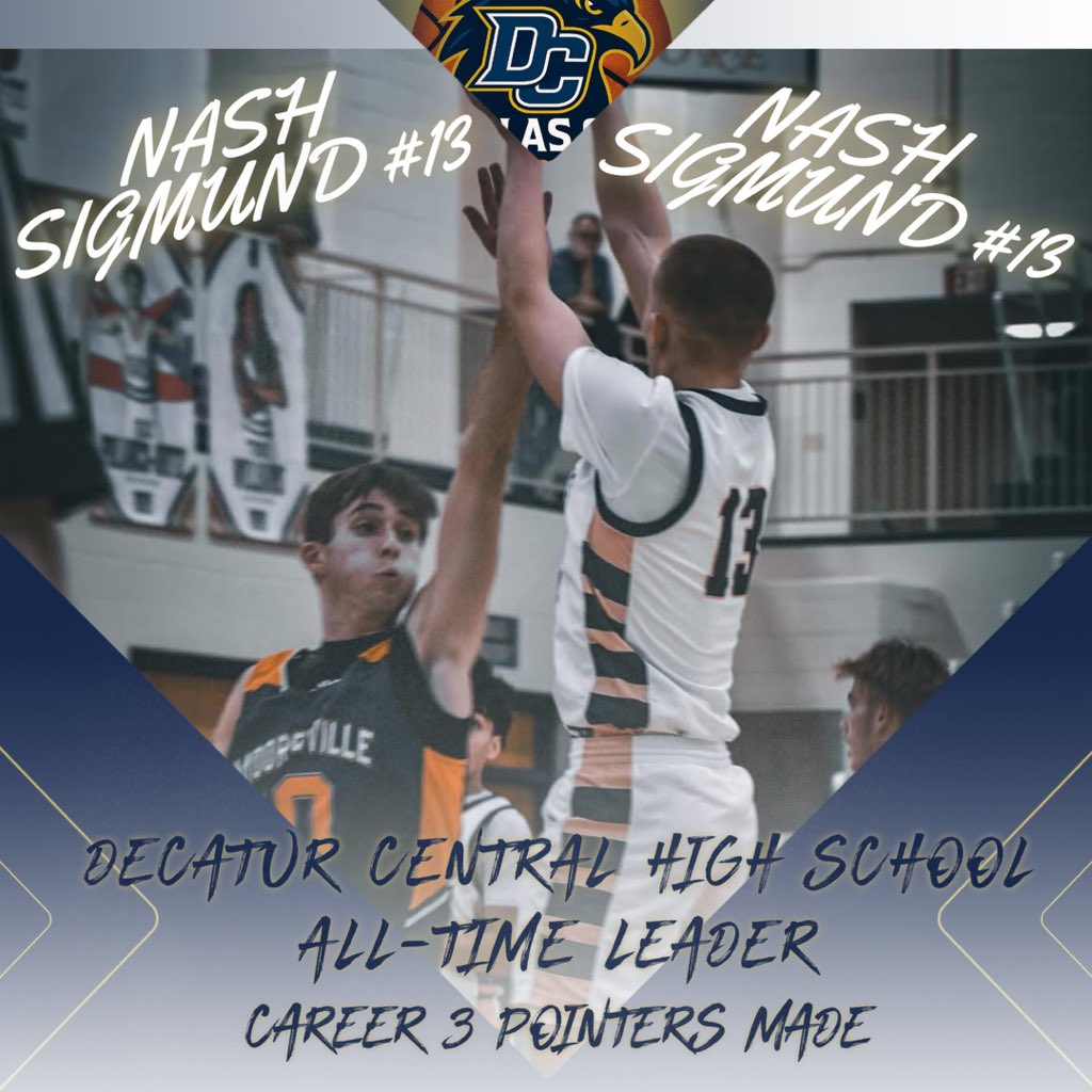 History made. With last night’s performance, Nash Sigmund is the all-time leader in career 3-pointers made in Decatur Central Boys Basketball history. 🦅🎯A special accomplishment for a special shooter. Congratulations, Nash!
#RunAsOne #NextInFlight #RecordSetter
<a href="/NashSigmund/">Nash Sigmund</a>