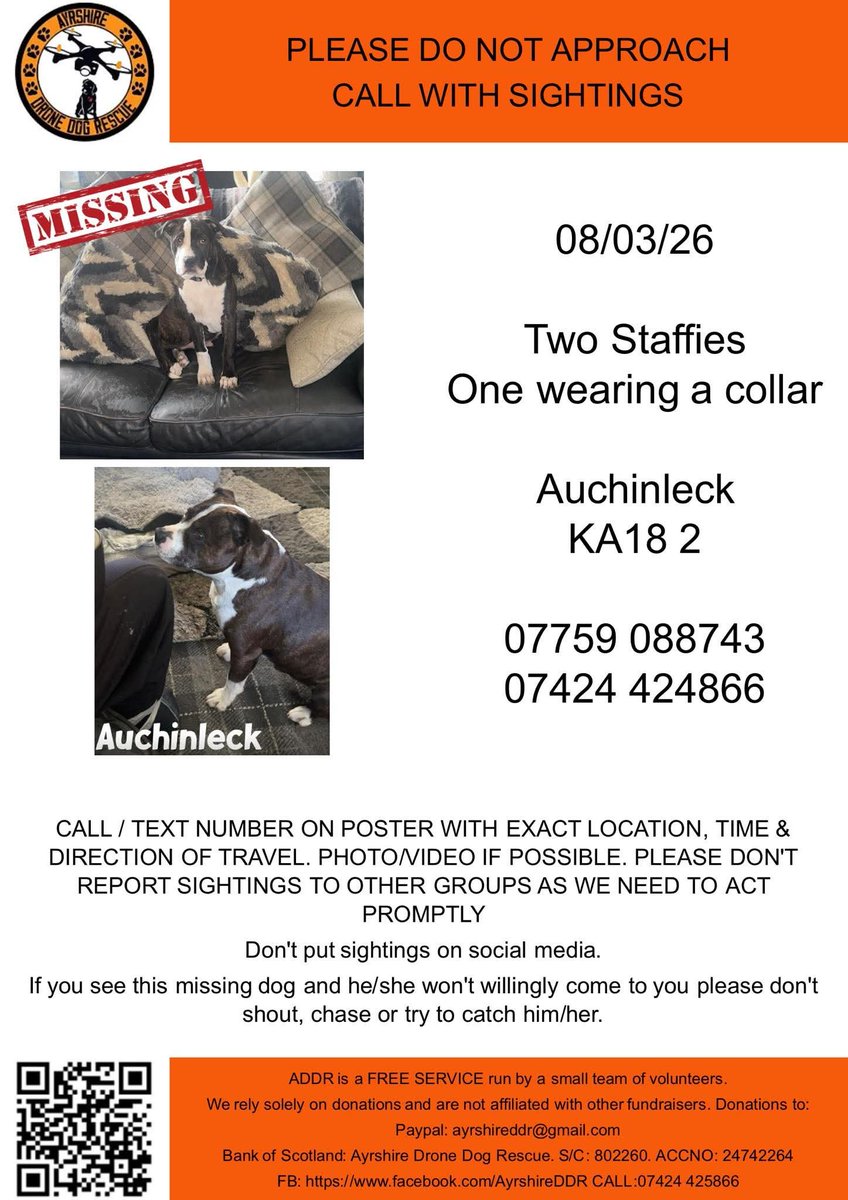 millypod1's tweet photo. ๐8 MAR 2026 #Lost M and C (Two dogs)#ScanMe
Staffordshire Bull Terrier Male
#Auchinleck #KA18
County #Cumnock East #Ayrshire #Scotland
The dog without the collar had been found. Comment on Ayrshire Drone Dog rescue.
Other dog still missing
https://t.co/rya9ZJkmy1 https://t.co/LP4PIBQAJj