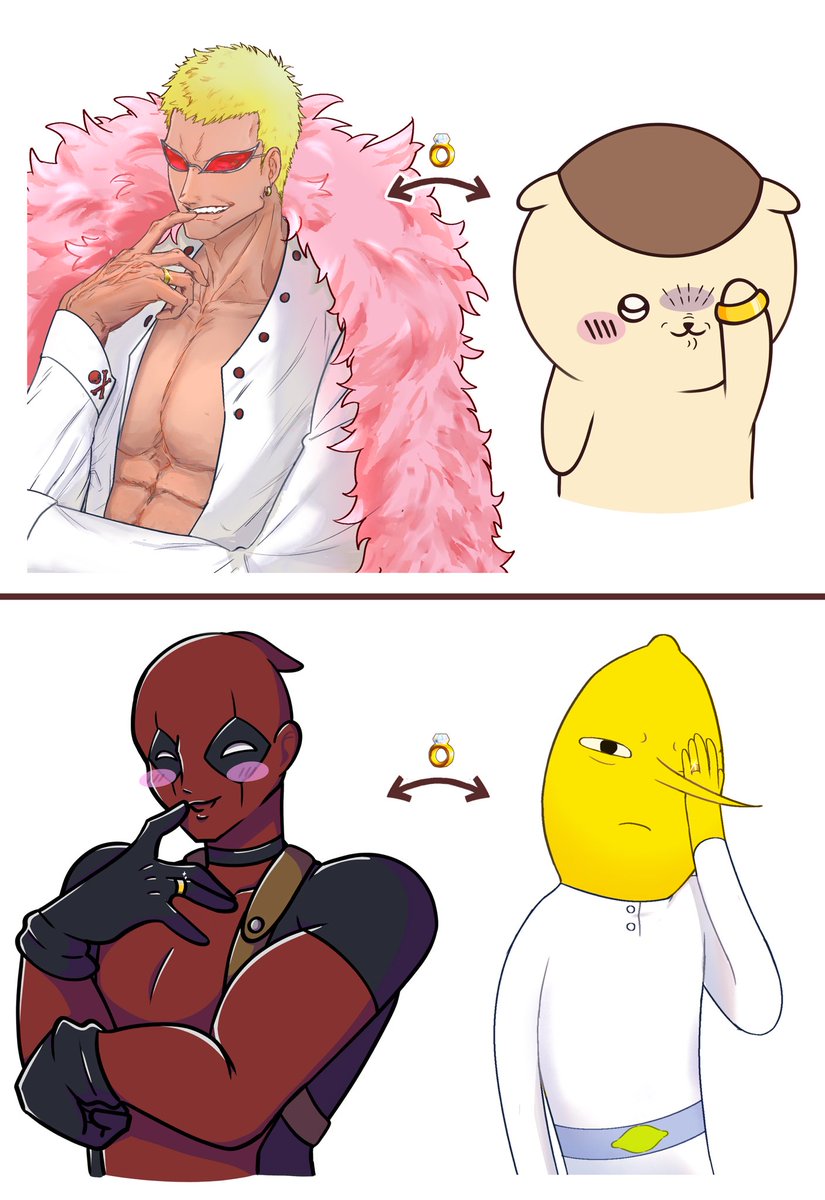PANDAH991's tweet photo. Hope me and my hg are not too late for the meme lol #Deadpool #Marvel #MCU #chiikawa #kurimanju #ONEPIECE #doflamingo #adventuretime #lemongrab https://t.co/k3kdj2dLQ2