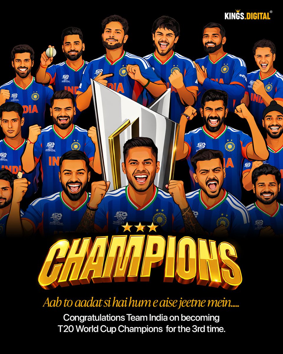 KingsDigital1's tweet photo. The wait ends in glory! 🏆🇮🇳
Team India rises above all to lift the ICC Men’s T20 World Cup 2026 after an absolutely incredible match! 🔥🏏
Congratulations to the champions who made the nation proud once again! 💙 https://t.co/4Utt6V94eU