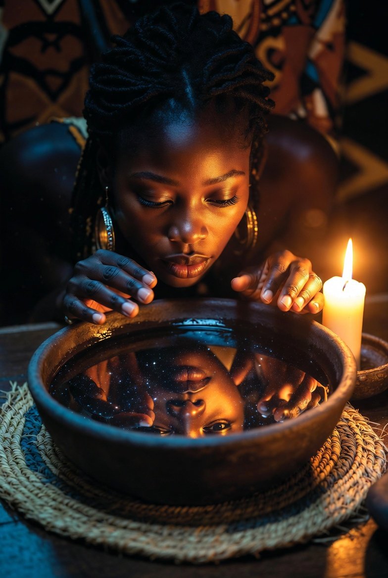 SCRYING:
Ancient art of gazing into  water to quiet the thinking mind and access deeper spiritual sight.

Benefits 
Ancestral communication through water &amp; reflection
our African ancestors practiced this long before mirrors were imported  in dark clay pots &amp; sacred rivers.