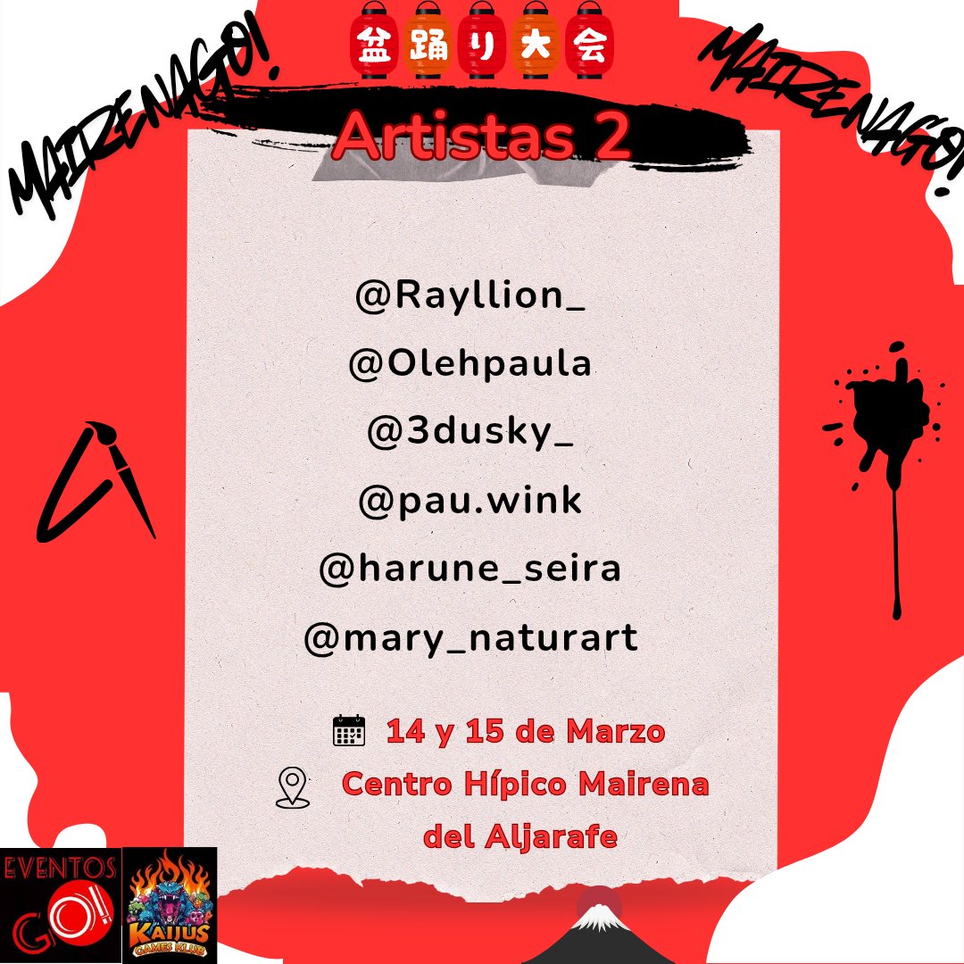 Vamos allá con los primeros artistas confirmados para este próximo fin de semana en #mairenago 
<a href="/Rayllion_/">Ray</a> <a href="/OlehPaula/">OlehPaula</a> <a href="/3dusky_/">3DUsky</a> <a href="/pauwink/">𝐏𝐀𝐔 .͙✼̥୭⁺</a> <a href="/harune_seira/">Harune Seira | COMMISSIONS OPEN</a> @mary_naturart