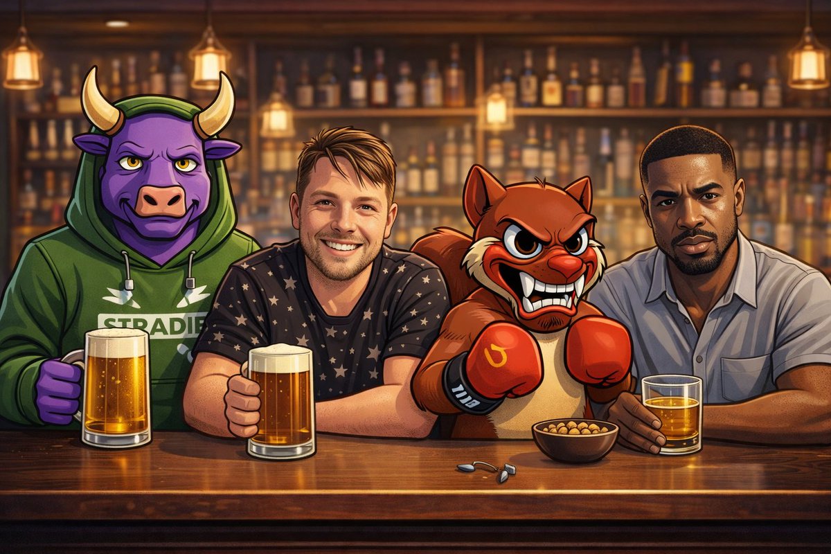 DCburr44's tweet photo. Four legends walk into a bar…
DC’s on his second beer, Dan’s explaining the game plan, Leroy’s ready to throw hands, and Folo’s already calculating the next move.
Just another night with the crew. 🍻
Whose got a better caption?
#Tradie #Kushlings #BarTalk #CrewNight #Web3Community
@tradiecoinmeme @RunSho58588 @KibbDan @jailtimetom